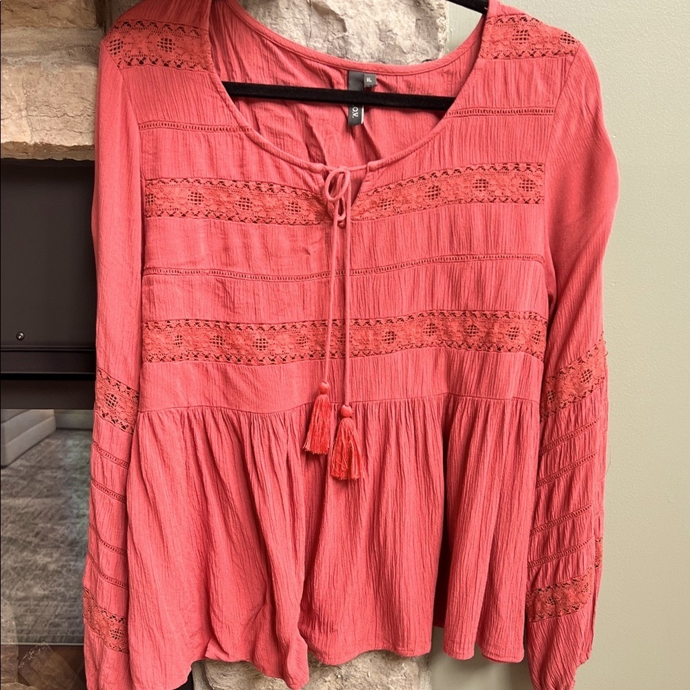 L.O.V. Coral/brick color Lace Blouse w tassle neck tie